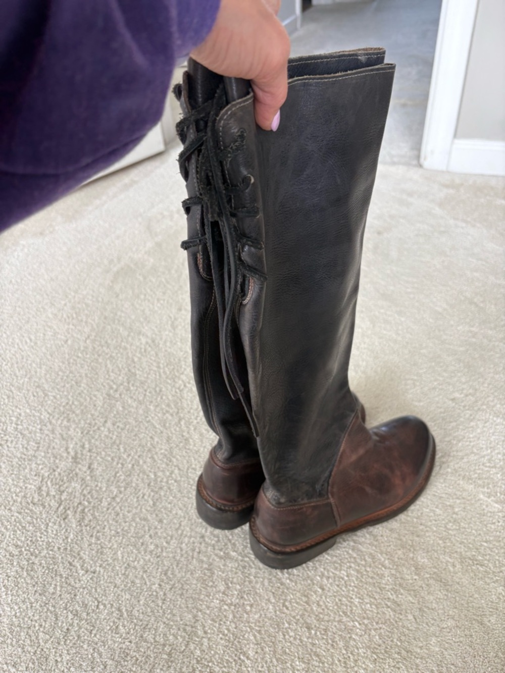 Bed Stu  Two-Tone Leather Riding Boots - Black and Brown